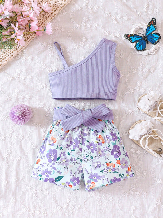 SHEIN Top De Cuello Asimétrico Para Niña Y Pantalones Cortos Ajustados - Quierox - Tienda Online