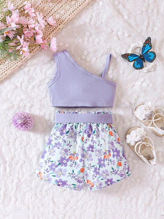 SHEIN Top De Cuello Asimétrico Para Niña Y Pantalones Cortos Ajustados - Quierox - Tienda Online