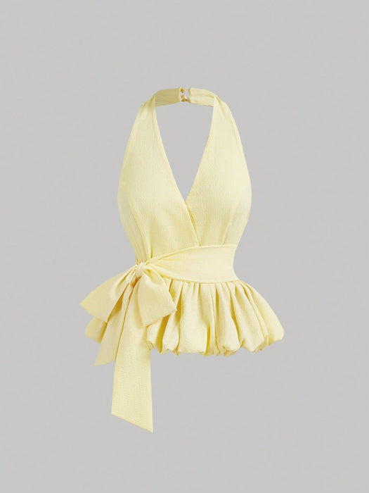 SHEIN Top de mujer color amarillo pálido con cuello halter y bajo abullonado - Quierox - Tienda Online