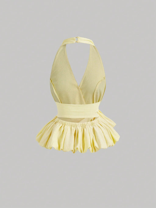 SHEIN Top de mujer color amarillo pálido con cuello halter y bajo abullonado - Quierox - Tienda Online