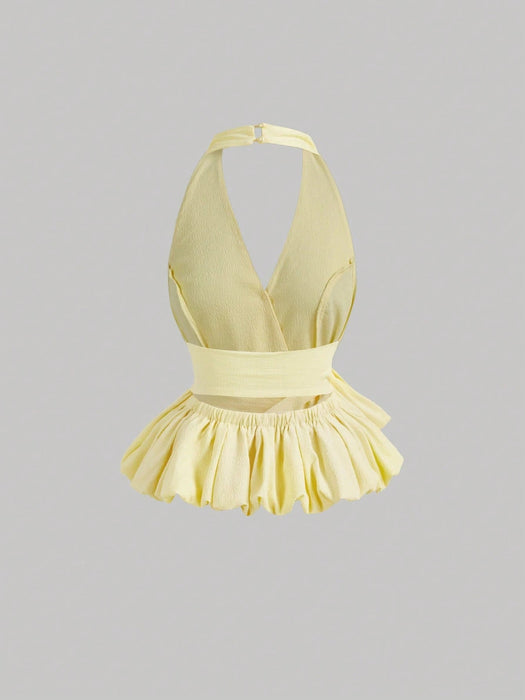 SHEIN Top de mujer color amarillo pálido con cuello halter y bajo abullonado - Quierox - Tienda Online