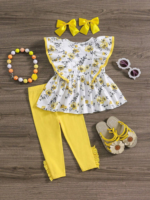 SHEIN Top elástico de punto floral para niña con ribete de volantes y pantalón con cordón ajustable - Quierox - Tienda Online