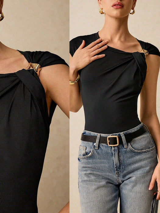 SHEIN Top negro ajustado Poéselle, tops de verano, camiseta ajustada de mujer - Quierox - Tienda Online