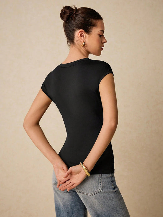 SHEIN Top negro ajustado Poéselle, tops de verano, camiseta ajustada de mujer - Quierox - Tienda Online