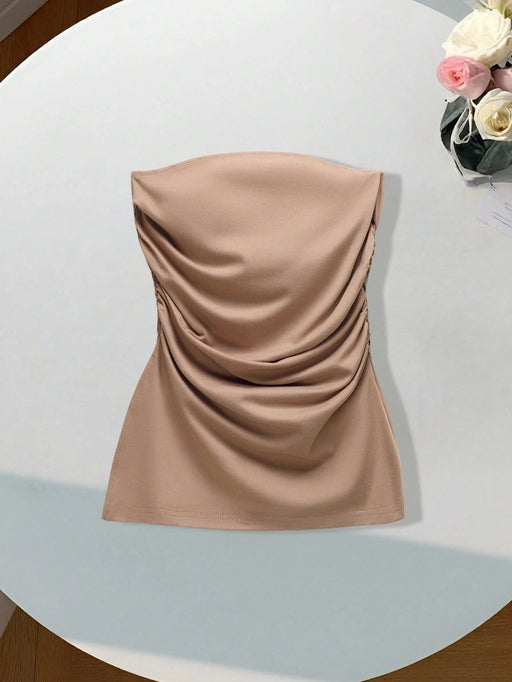 SHEIN Top plisado sin tirantes de color liso para mujer Comfortcana, informal - Quierox - Tienda Online