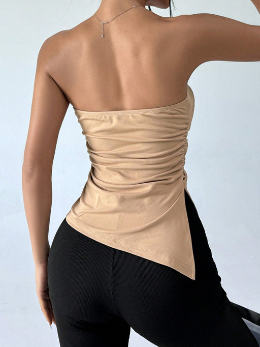 SHEIN Top plisado sin tirantes de color liso para mujer Comfortcana, informal - Quierox - Tienda Online