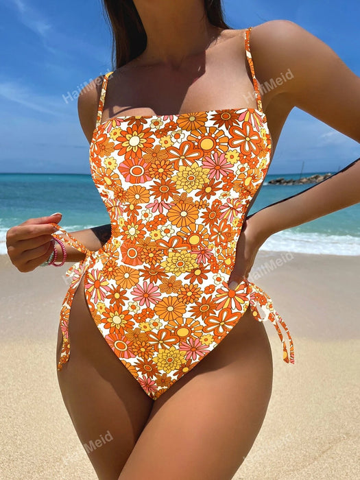 Shein Traje de baño de una pieza sexy con diseño de flores plisado - Quierox - Tienda Online
