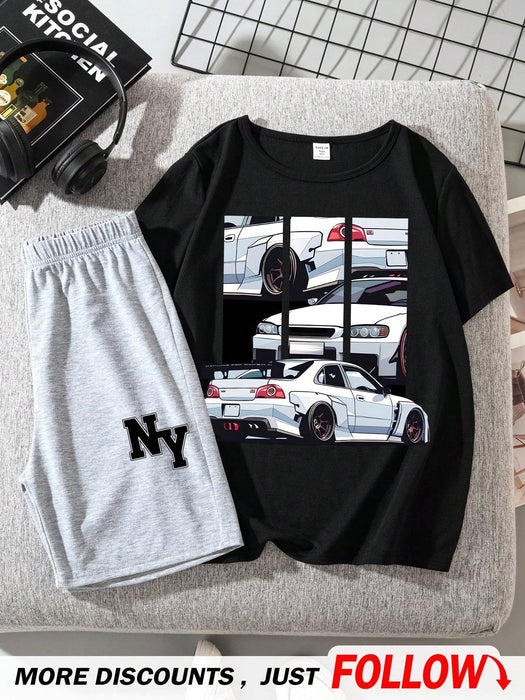 SHEIN Traje de verano informal para niño con camiseta de manga corta con cuello redondo y diseño de coche simple - Quierox - Tienda Online