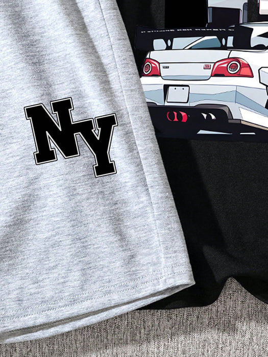 SHEIN Traje de verano informal para niño con camiseta de manga corta con cuello redondo y diseño de coche simple - Quierox - Tienda Online