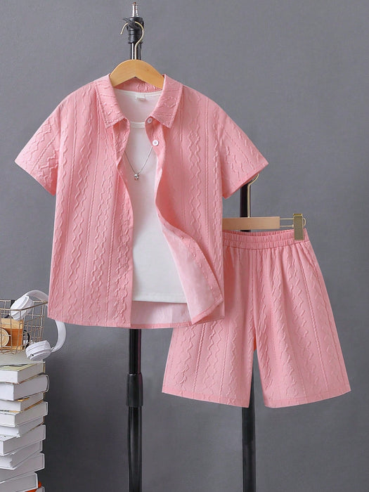 Shein Tween Boy Camisa lisa con botones delanteros y pantalones cortos sin camiseta Vacaciones de verano - Quierox - Tienda Online