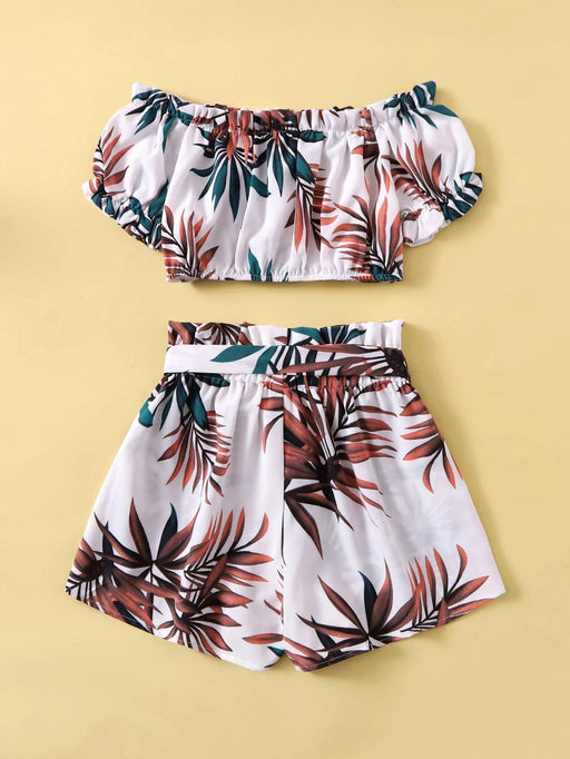 SHEIN Tween Conjunto de top con hombros descubiertos y estampado tropical con ribete - Quierox - Tienda Online