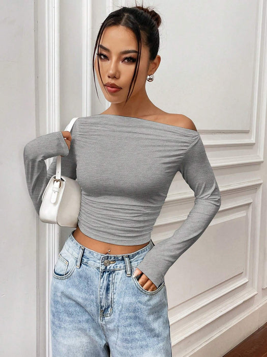 SHEIN Unity - Camiseta informal corta con frunces y cuello asimétrico de manga larga - Quierox - Tienda Online