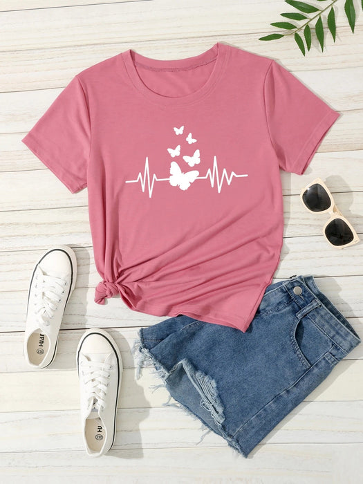 SHEIN Unity Camisetas gráficas de mujer con cuello redondo y estampado de mariposa - Quierox - Tienda Online