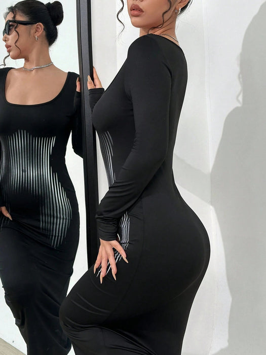 SHEIN Unity Vestido ajustado con cuello redondo y estampado de rayas - Quierox - Tienda Online