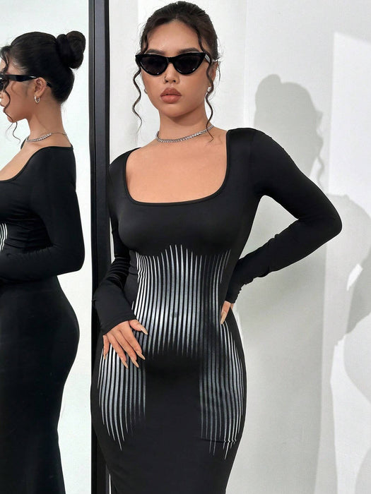 SHEIN Unity Vestido ajustado con cuello redondo y estampado de rayas - Quierox - Tienda Online