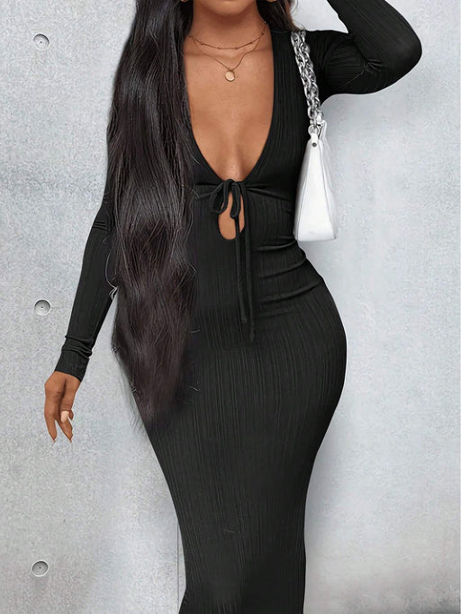 SHEIN Unity Vestido maxi de color liso texturizado con cuello redondo y manga larga ajustado - Quierox - Tienda Online