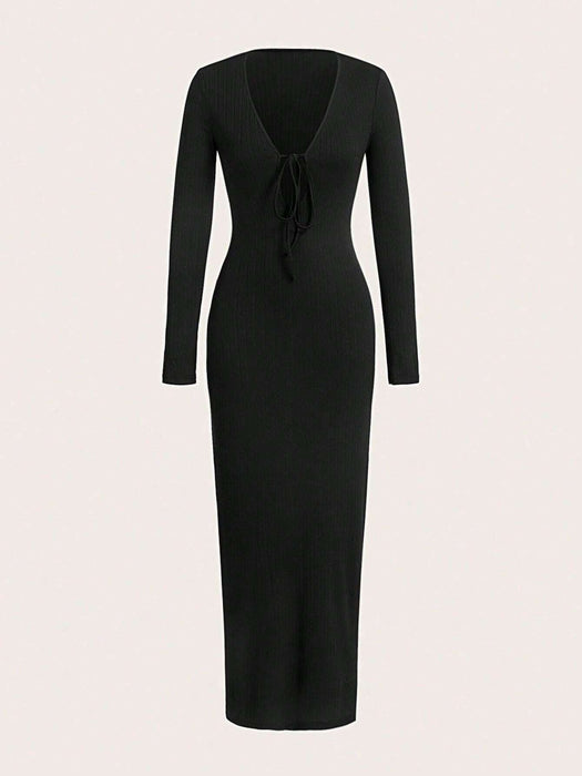 SHEIN Unity Vestido maxi de color liso texturizado con cuello redondo y manga larga ajustado - Quierox - Tienda Online