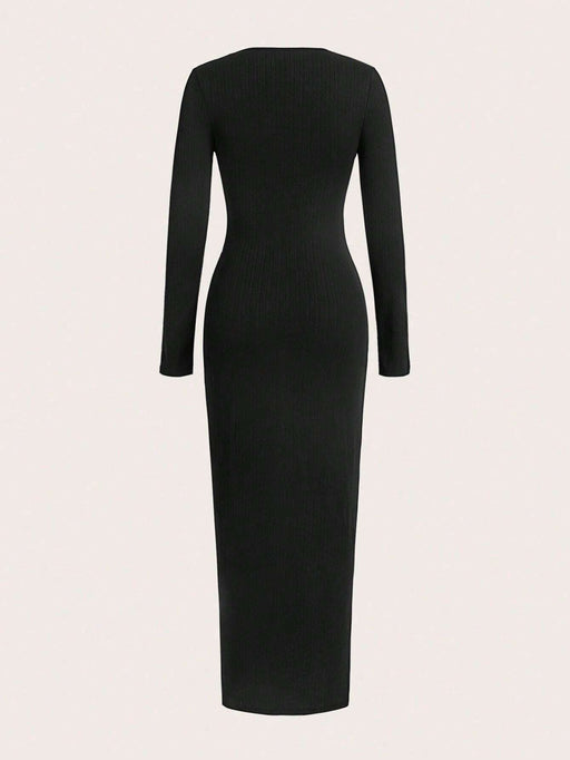 SHEIN Unity Vestido maxi de color liso texturizado con cuello redondo y manga larga ajustado - Quierox - Tienda Online