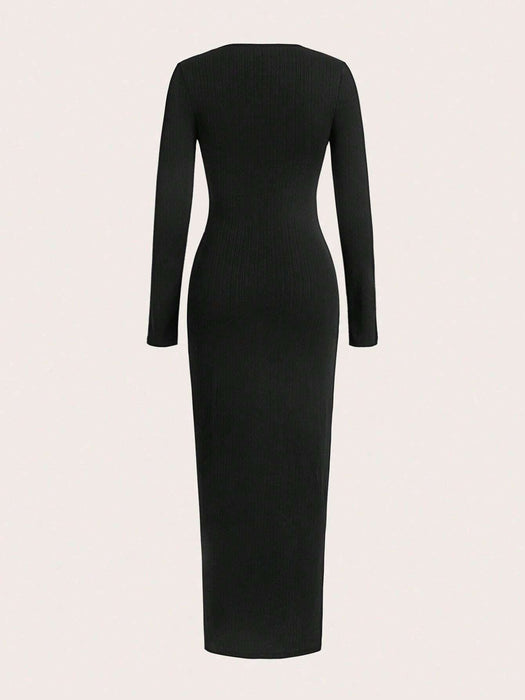 SHEIN Unity Vestido maxi de color liso texturizado con cuello redondo y manga larga ajustado - Quierox - Tienda Online