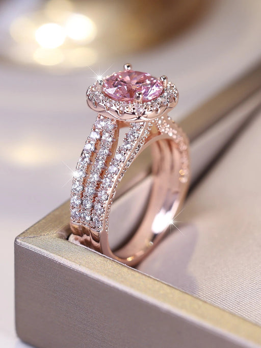 SHEIN Vanel A espléndido anillo de cuatro puntas Set redondo rosado zirconia - Quierox - Tienda Online