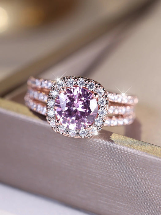 SHEIN Vanel A espléndido anillo de cuatro puntas Set redondo rosado zirconia - Quierox - Tienda Online