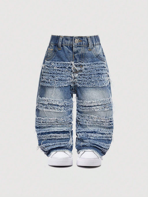 SHEIN Vaqueros azules holgados de mezclilla para bebé, estilo urbano, con bordes sin rematar - Quierox - Tienda Online