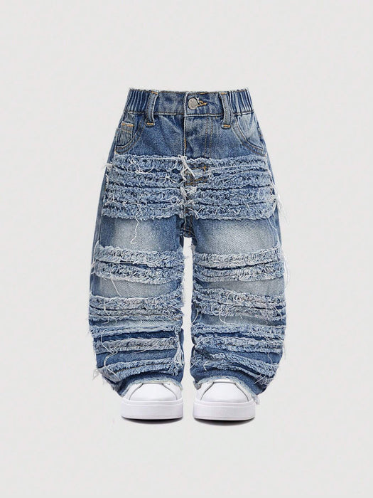 SHEIN Vaqueros azules holgados de mezclilla para bebé, estilo urbano, con bordes sin rematar - Quierox - Tienda Online
