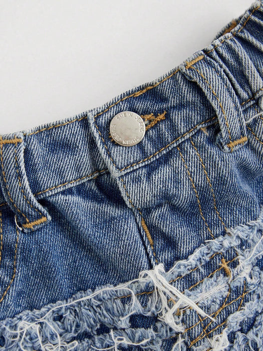 SHEIN Vaqueros azules holgados de mezclilla para bebé, estilo urbano, con bordes sin rematar - Quierox - Tienda Online