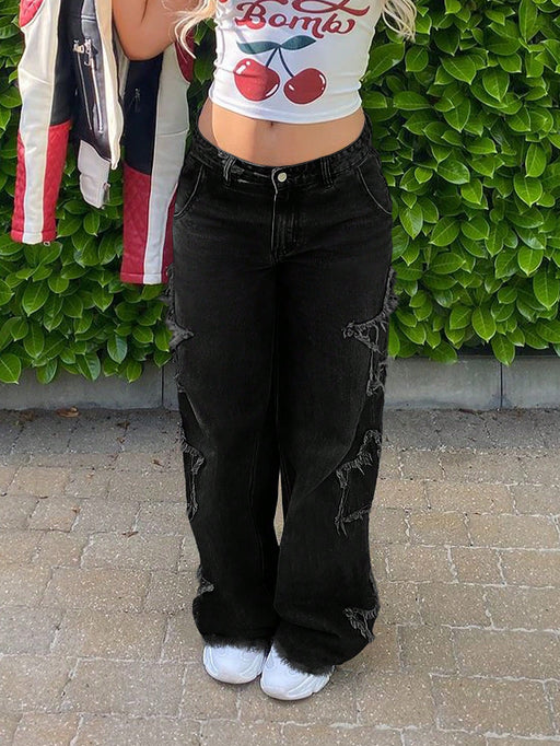 SHEIN Vaqueros rectos con dobladillo sin rematar y diseño de patchwork de estrellas para mujer Y2K - Quierox - Tienda Online