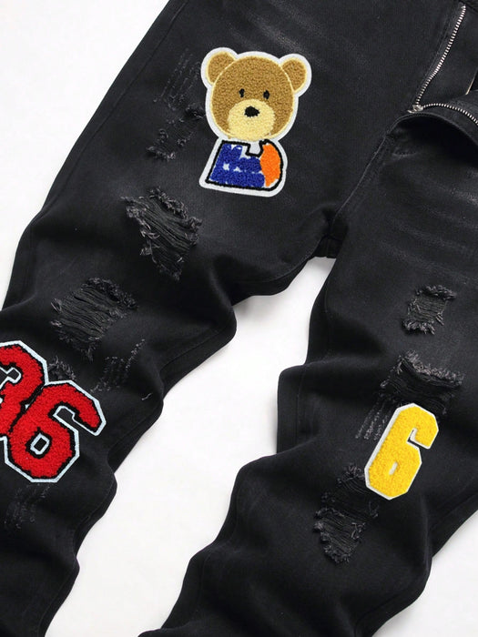 SHEIN Vaqueros rotos con parches de oso y letras para hombre - Quierox - Tienda Online