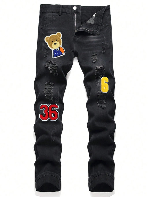 SHEIN Vaqueros rotos con parches de oso y letras para hombre - Quierox - Tienda Online