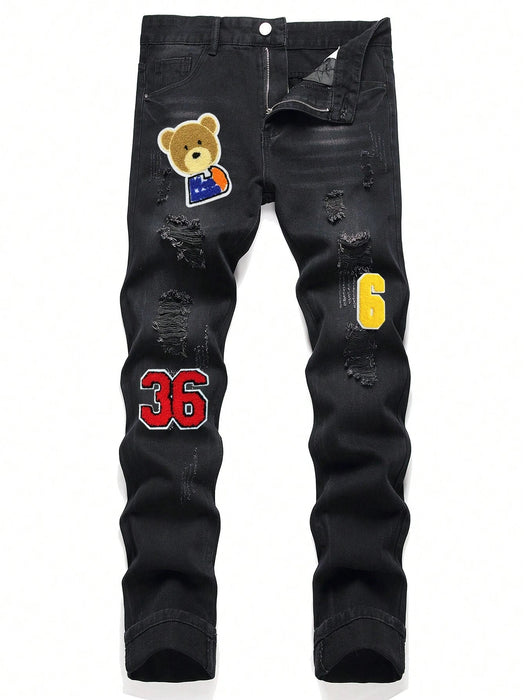 SHEIN Vaqueros rotos con parches de oso y letras para hombre - Quierox - Tienda Online