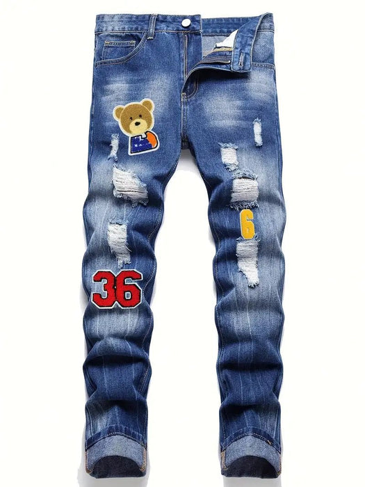 SHEIN Vaqueros rotos con parches de oso y letras para hombre - Quierox - Tienda Online