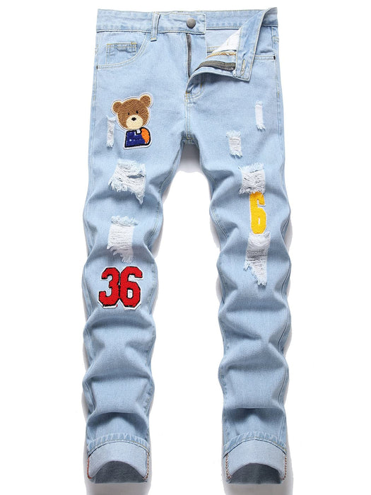 SHEIN Vaqueros rotos con parches de oso y letras para hombre - Quierox - Tienda Online