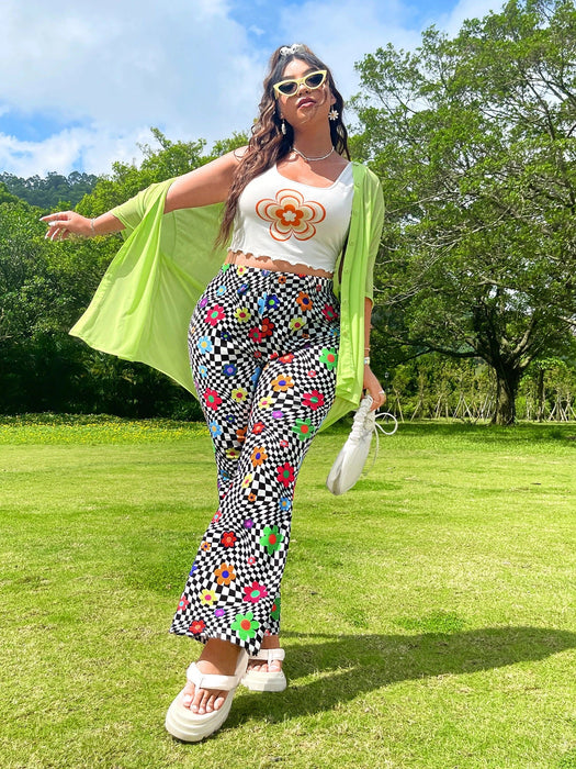 SHEIN VCAY Pantalones acampanados moda de dopamina con estampado geométrico floral - Quierox - Tienda Online