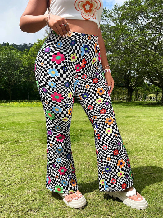 SHEIN VCAY Pantalones acampanados moda de dopamina con estampado geométrico floral - Quierox - Tienda Online