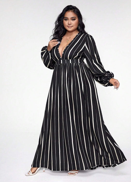 SHEIN Vestido a rayas con cuello en V, mangas abullonadas, talla grande - Quierox - Tienda Online