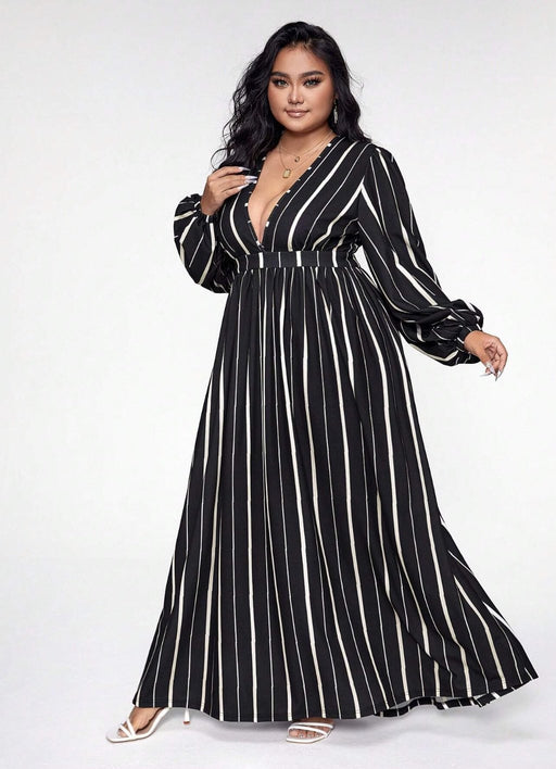 SHEIN Vestido a rayas con cuello en V, mangas abullonadas, talla grande - Quierox - Tienda Online