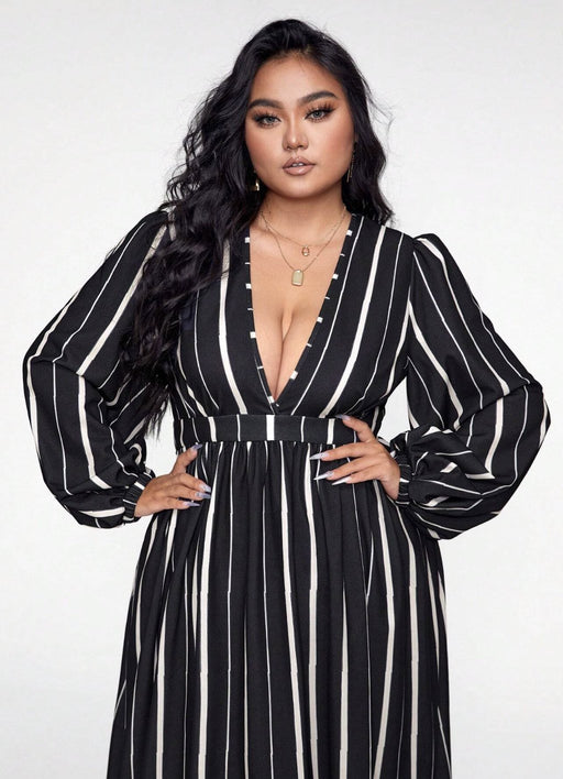 SHEIN Vestido a rayas con cuello en V, mangas abullonadas, talla grande - Quierox - Tienda Online