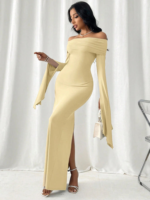 SHEIN Vestido ajustado de manga larga con hombros descubiertos y abertura lateral - Quierox - Tienda Online
