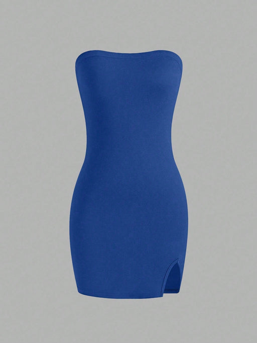 SHEIN Vestido Bandeau ajustado de verano para mujer de Sweetra con abertura en el dobladillo - Quierox - Tienda Online