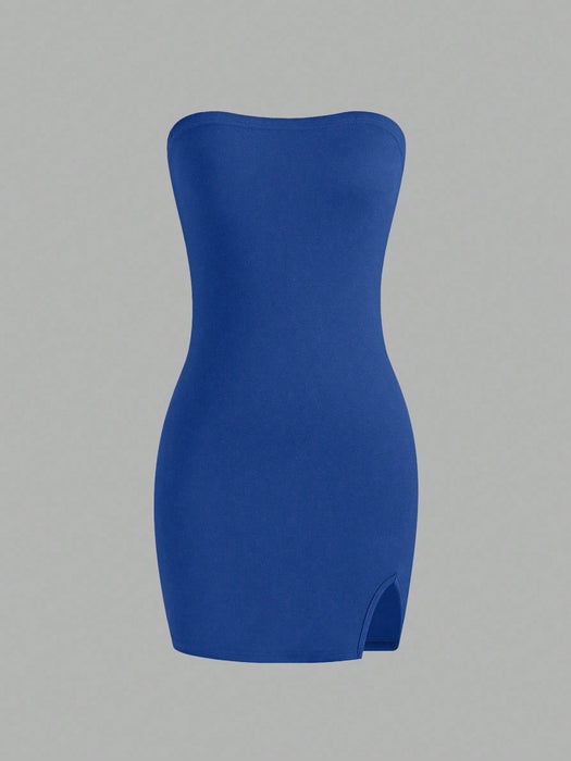 SHEIN Vestido Bandeau ajustado de verano para mujer de Sweetra con abertura en el dobladillo - Quierox - Tienda Online