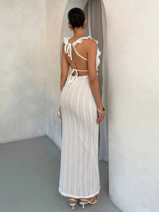 SHEIN Vestido blanco sexy de verano con textura de crochet, hombros descubiertos - Quierox - Tienda Online