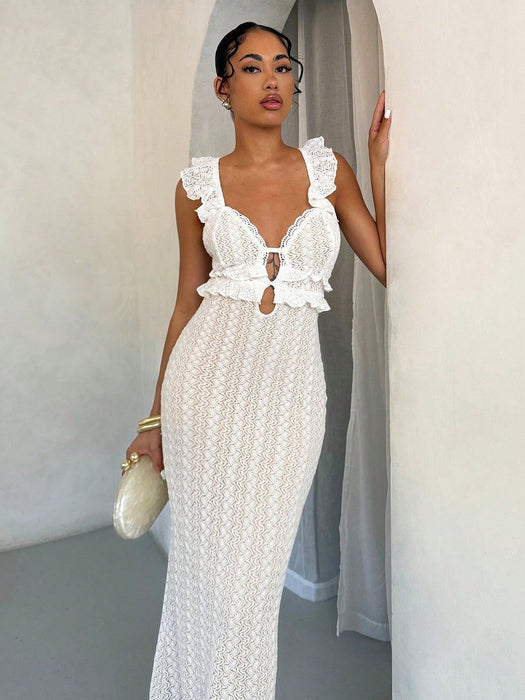 SHEIN Vestido blanco sexy de verano con textura de crochet, hombros descubiertos - Quierox - Tienda Online