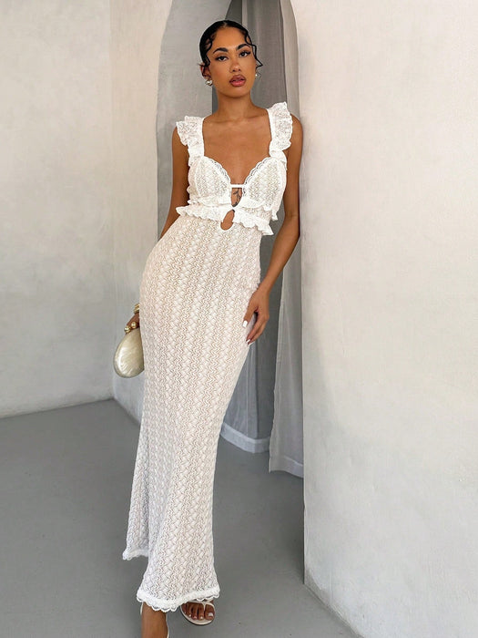 SHEIN Vestido blanco sexy de verano con textura de crochet, hombros descubiertos - Quierox - Tienda Online