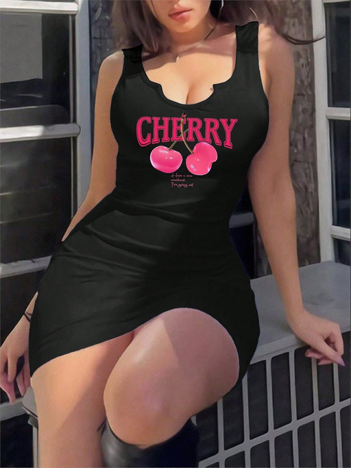 SHEIN Vestido corto ajustado sin mangas con estampado de cerezas - Quierox - Tienda Online