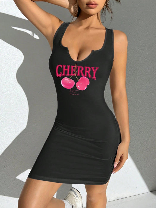 SHEIN Vestido corto ajustado sin mangas con estampado de cerezas - Quierox - Tienda Online