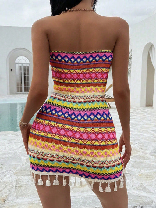 SHEIN Vestido corto ajustado tipo bandeau con flecos en el bajo, multicolor - Quierox - Tienda Online