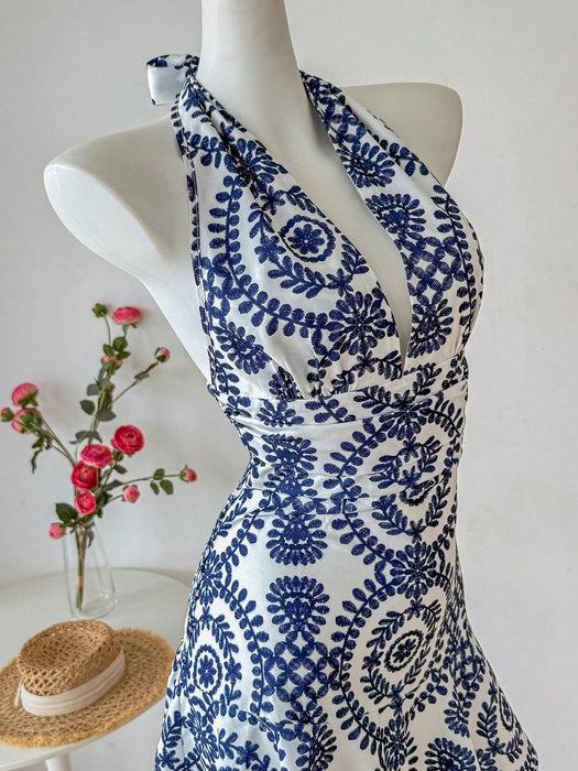 Shein Vestido corto halter sin espalda con estampado integral y estilo casual para mujer de INAWLY - Quierox - Tienda Online