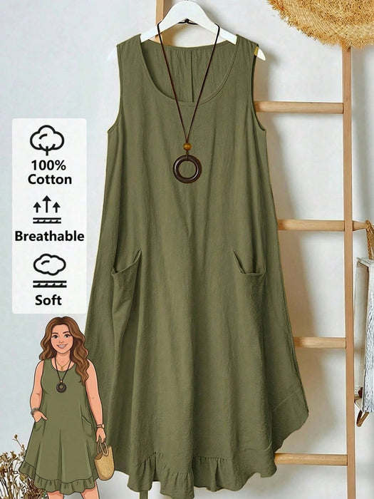 Shein Vestido de corte A hasta la rodilla, sin mangas, con bolsillos, bajo fruncido y estilo campestre - Quierox - Tienda Online
